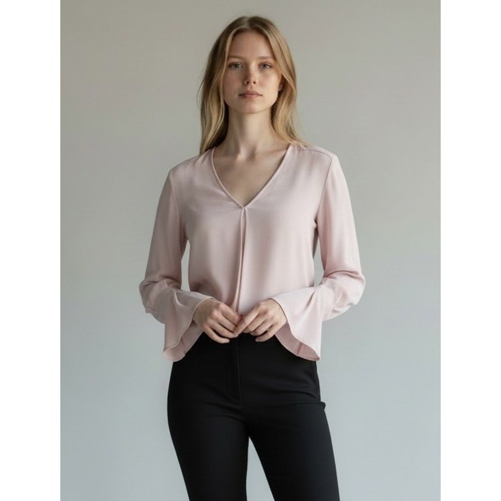 White House Black Market Blouse Blush Pink V-Neck Split Bell Sleeve Top L Large